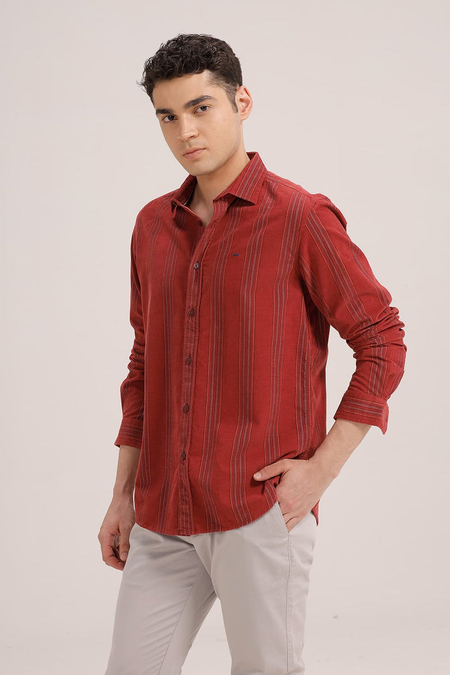 BASICS SLIM FIT RED DAHLIA COTTON CORDUROY STRIPE SHIRT