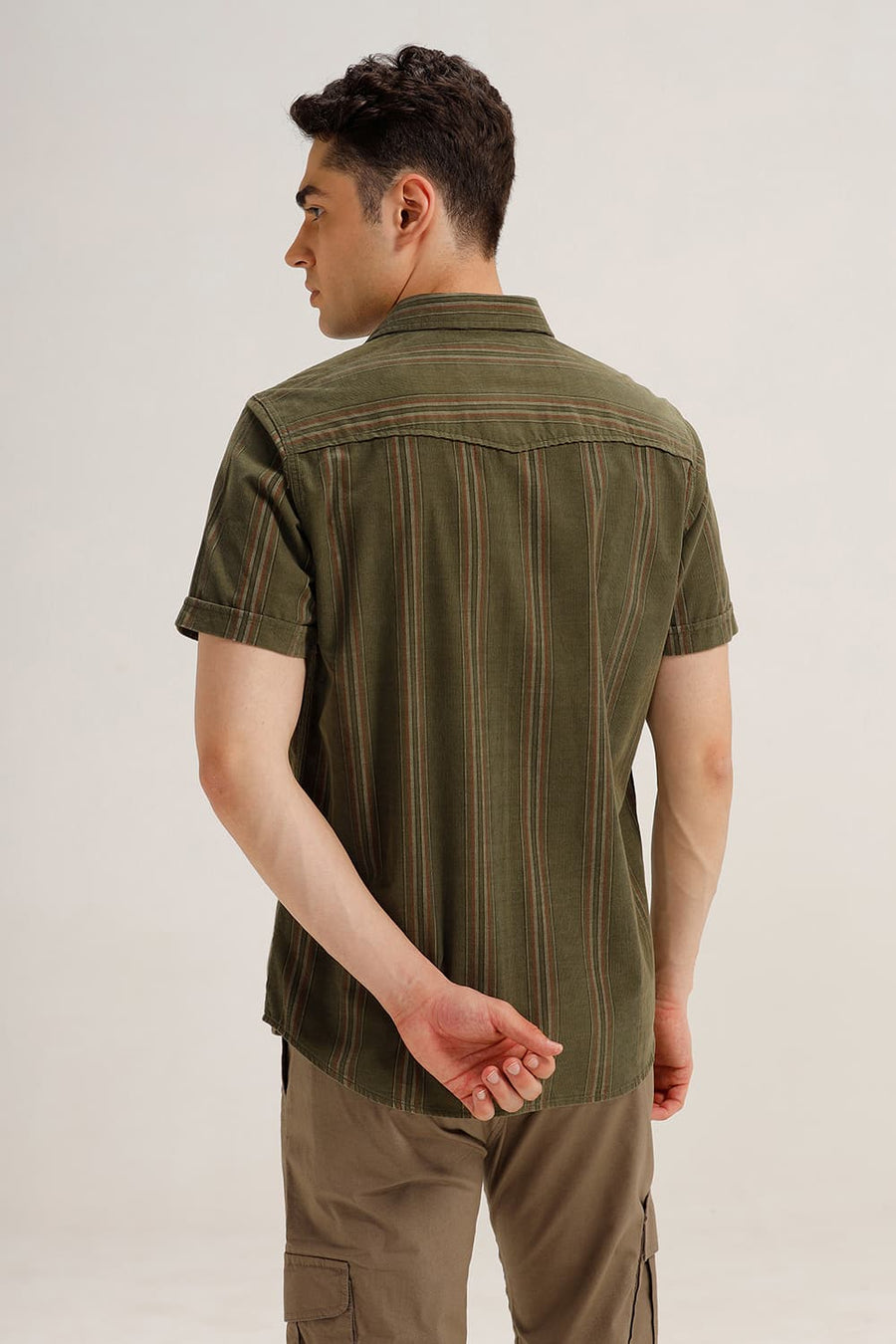 BASICS SLIM FIT TURTLE OLIVE COTTON CORDUROY STRIPE HALFSLEEVES SHIRT