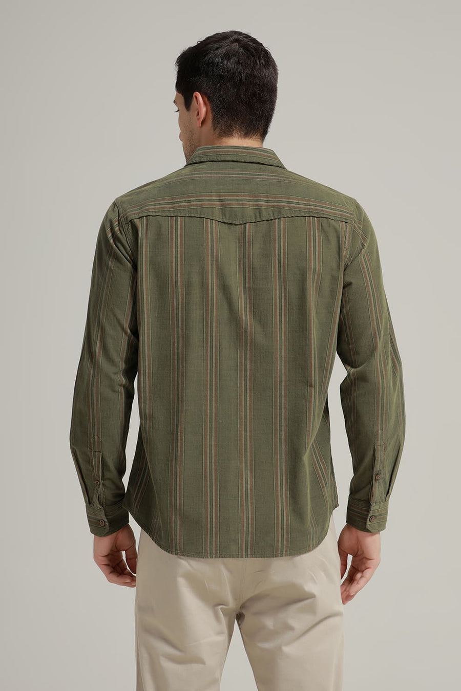 BASICS SLIM FIT TURTLE OLIVE COTTON CORDUROY STRIPE SHIRT
