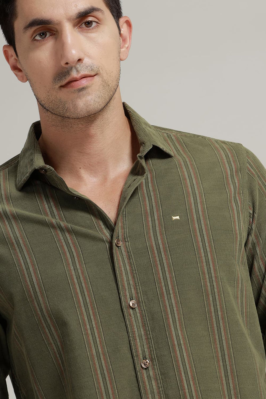 BASICS SLIM FIT TURTLE OLIVE COTTON CORDUROY STRIPE SHIRT