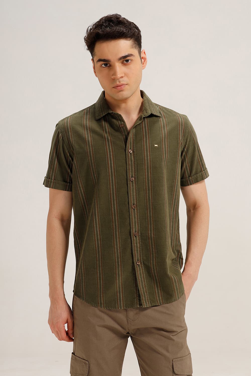 SLIM FIT COTTON CORDUROY STRIPE HALFSLEEVES SHIRT