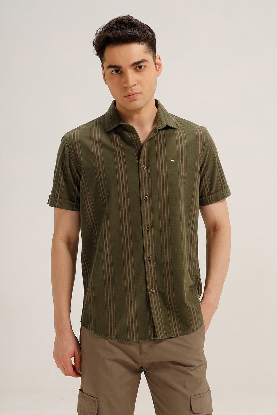 BASICS SLIM FIT TURTLE OLIVE COTTON CORDUROY STRIPE HALFSLEEVES SHIRT