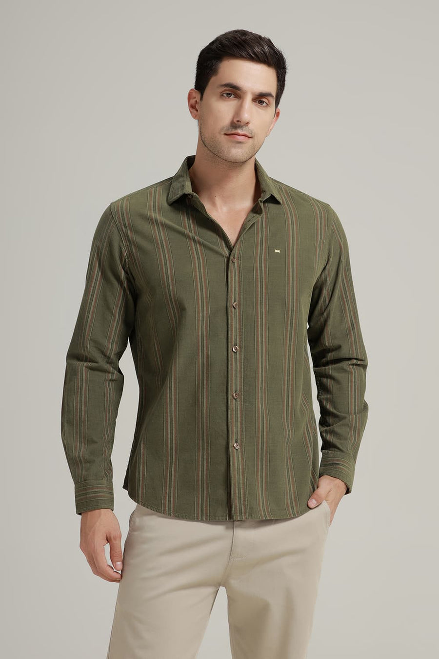 BASICS SLIM FIT TURTLE OLIVE COTTON CORDUROY STRIPE SHIRT