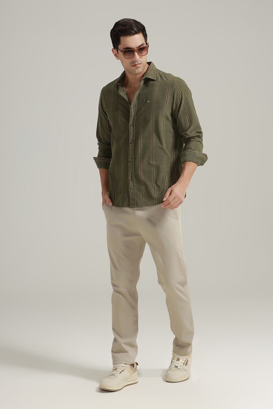 BASICS SLIM FIT TURTLE OLIVE COTTON CORDUROY STRIPE SHIRT