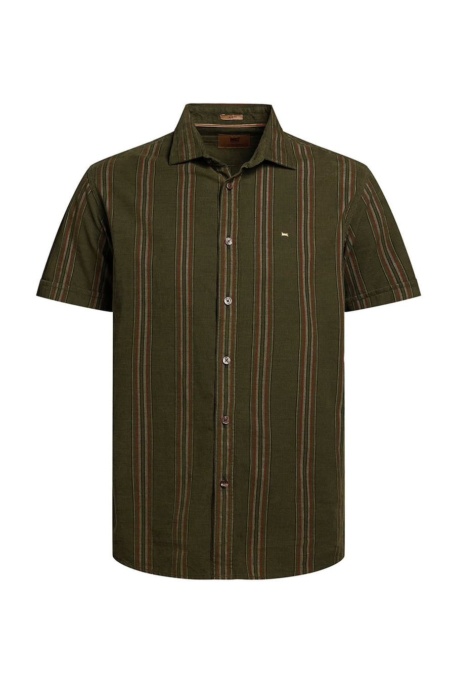 BASICS SLIM FIT TURTLE OLIVE COTTON CORDUROY STRIPE HALFSLEEVES SHIRT