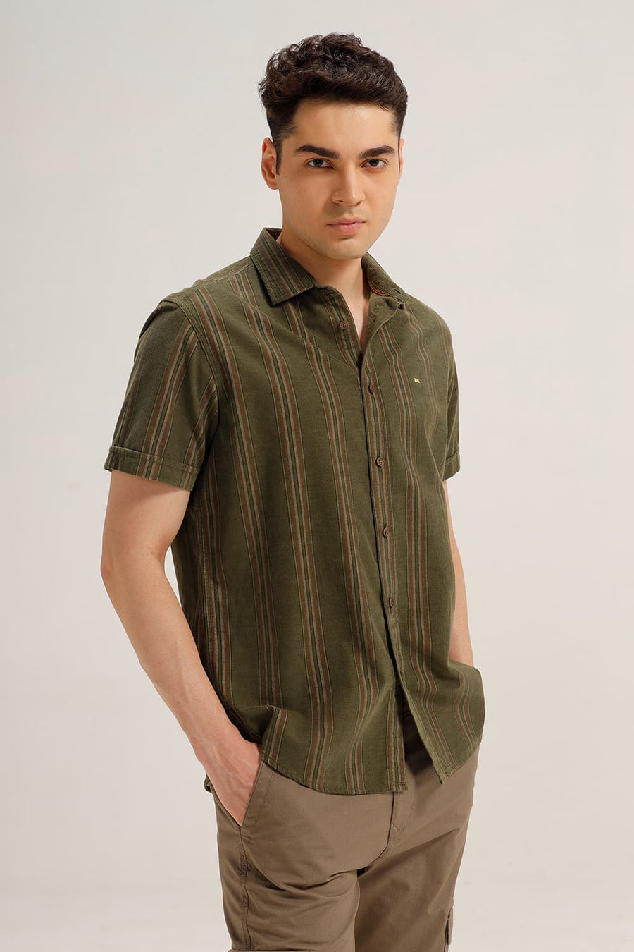 BASICS SLIM FIT TURTLE OLIVE COTTON CORDUROY STRIPE HALFSLEEVES SHIRT
