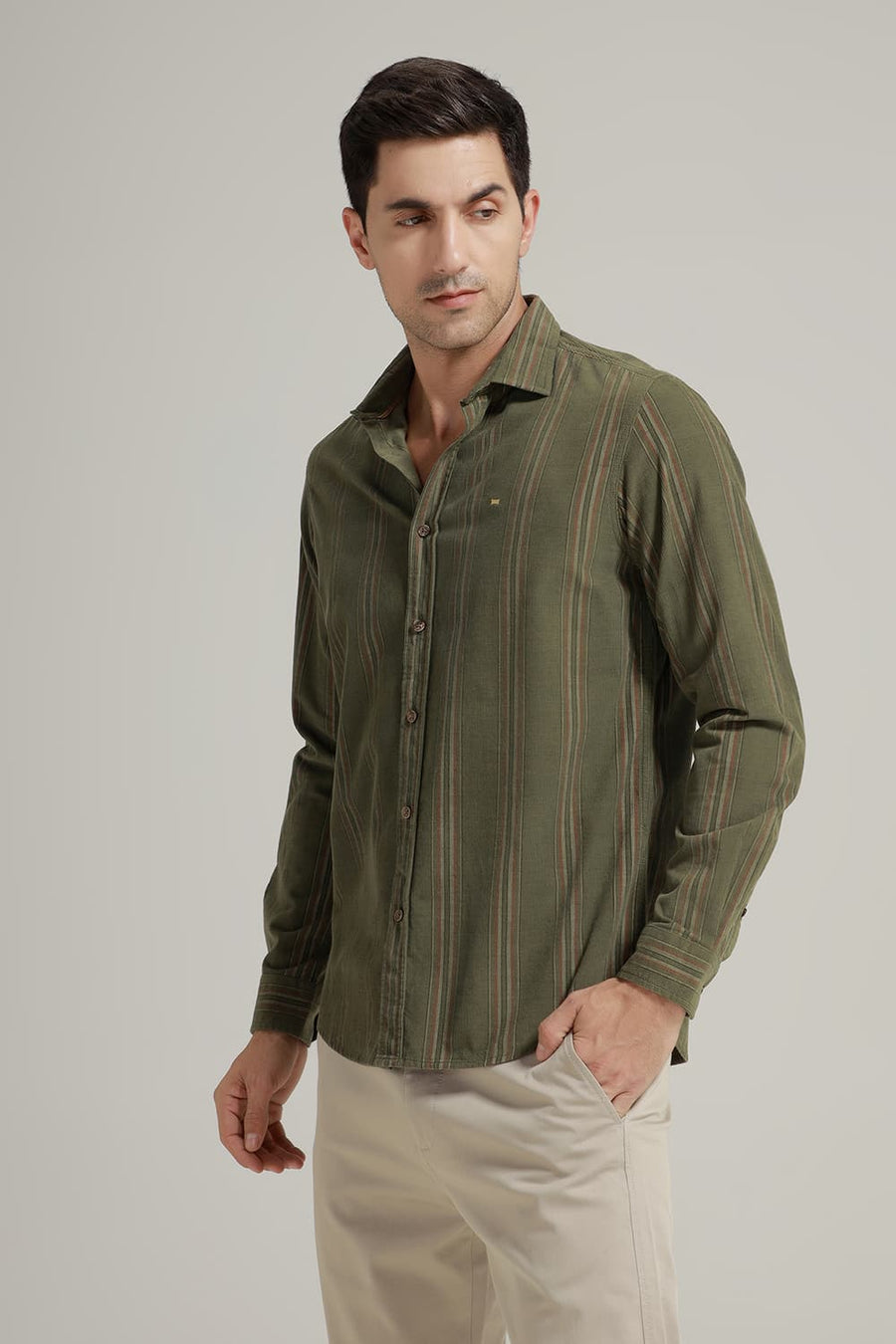 BASICS SLIM FIT TURTLE OLIVE COTTON CORDUROY STRIPE SHIRT