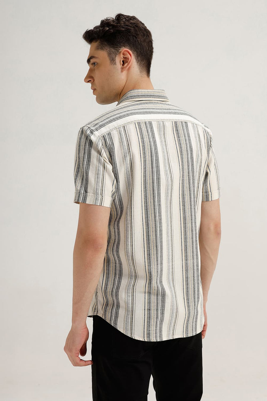 BASICS SLIM FIT DEW YELLOW COTTON HOPSACK STRIPE HALFSLEEVES SHIRT