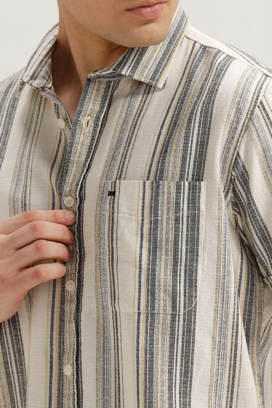 BASICS SLIM FIT DEW YELLOW COTTON HOPSACK STRIPE HALFSLEEVES SHIRT