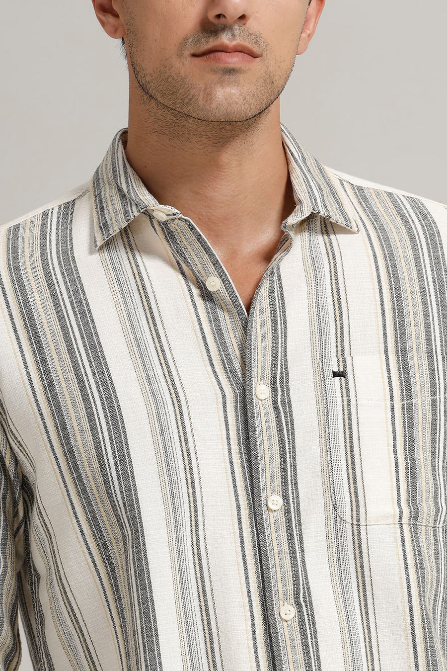 BASICS SLIM FIT DEW YELLOW COTTON HOPSACK STRIPE SHIRT