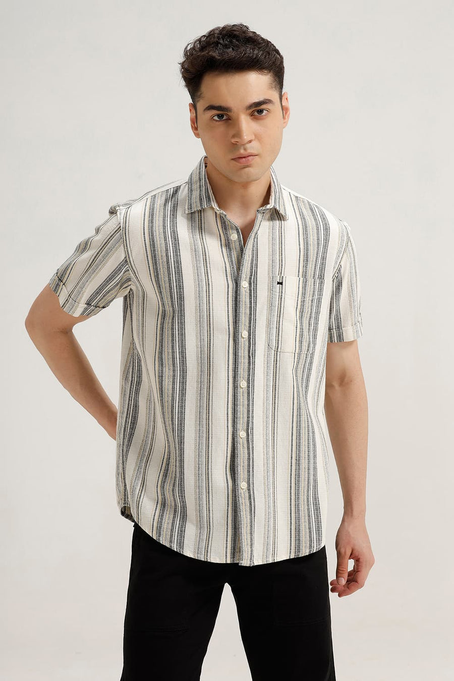 BASICS SLIM FIT DEW YELLOW COTTON HOPSACK STRIPE HALFSLEEVES SHIRT