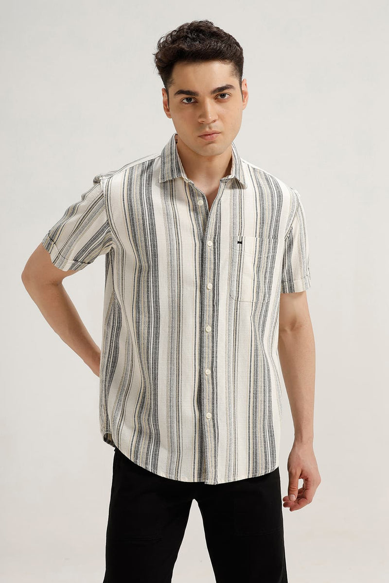 SLIM FIT COTTON HOPSACK STRIPE HALFSLEEVES SHIRT