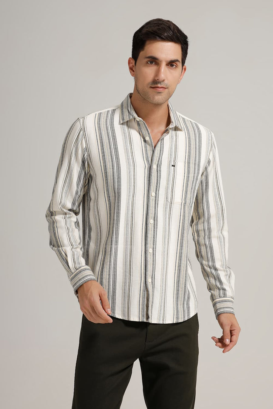 BASICS SLIM FIT DEW YELLOW COTTON HOPSACK STRIPE SHIRT