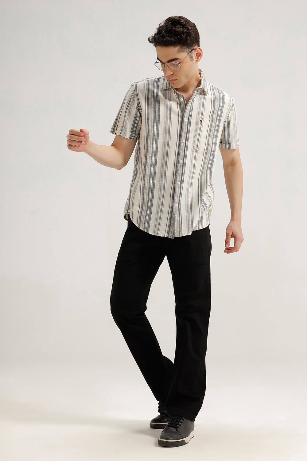 SLIM FIT COTTON HOPSACK STRIPE HALFSLEEVES SHIRT