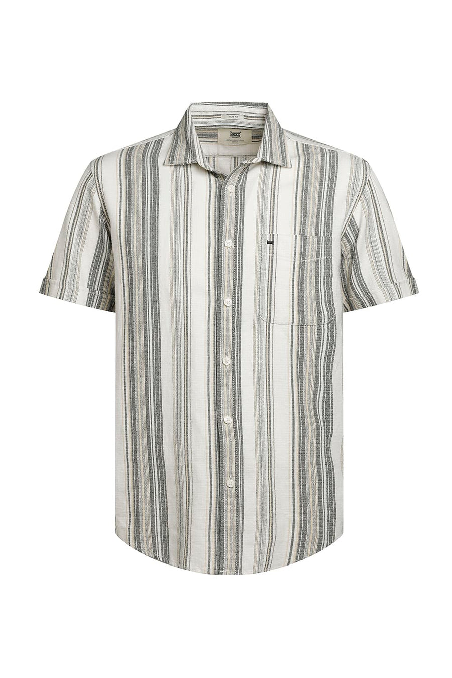 BASICS SLIM FIT DEW YELLOW COTTON HOPSACK STRIPE HALFSLEEVES SHIRT