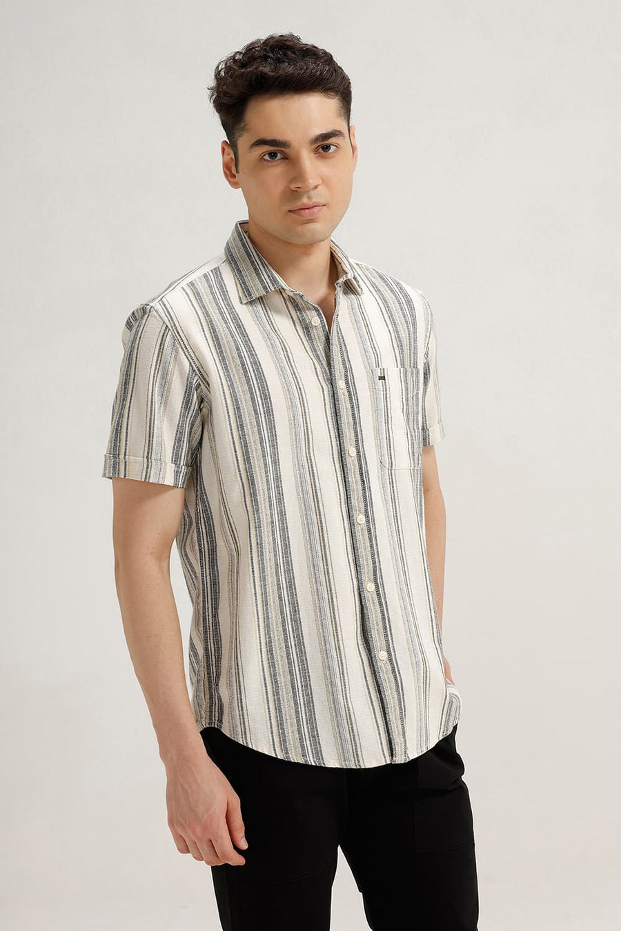 BASICS SLIM FIT DEW YELLOW COTTON HOPSACK STRIPE HALFSLEEVES SHIRT