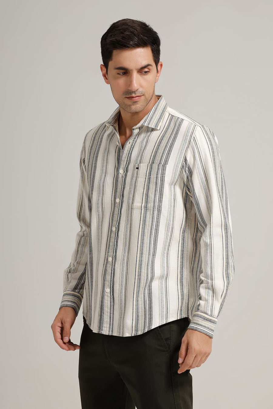 BASICS SLIM FIT DEW YELLOW COTTON HOPSACK STRIPE SHIRT