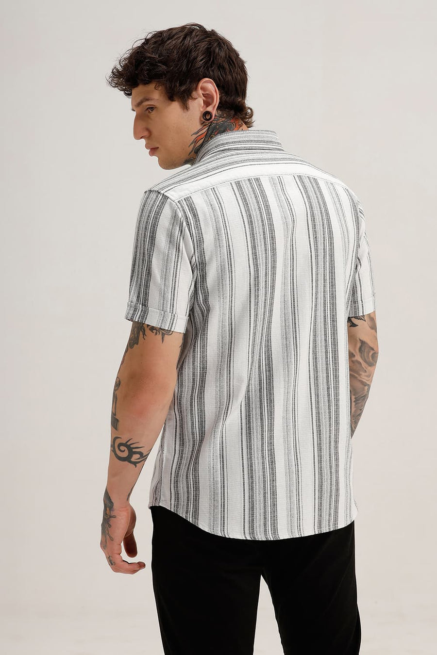 BASICS SLIM FIT PIRATE GREY COTTON HOPSACK STRIPE HALFSLEEVES SHIRT