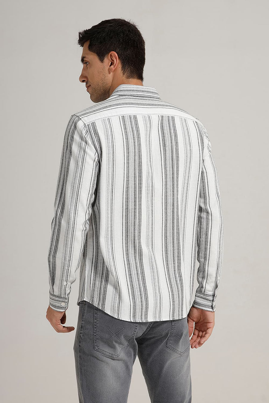 BASICS SLIM FIT PIRATE GREY COTTON HOPSACK STRIPE SHIRT