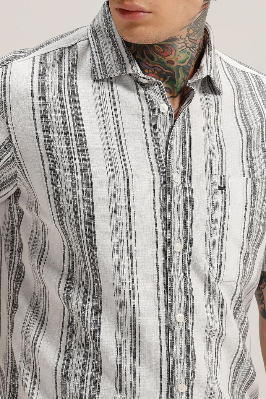 BASICS SLIM FIT PIRATE GREY COTTON HOPSACK STRIPE HALFSLEEVES SHIRT