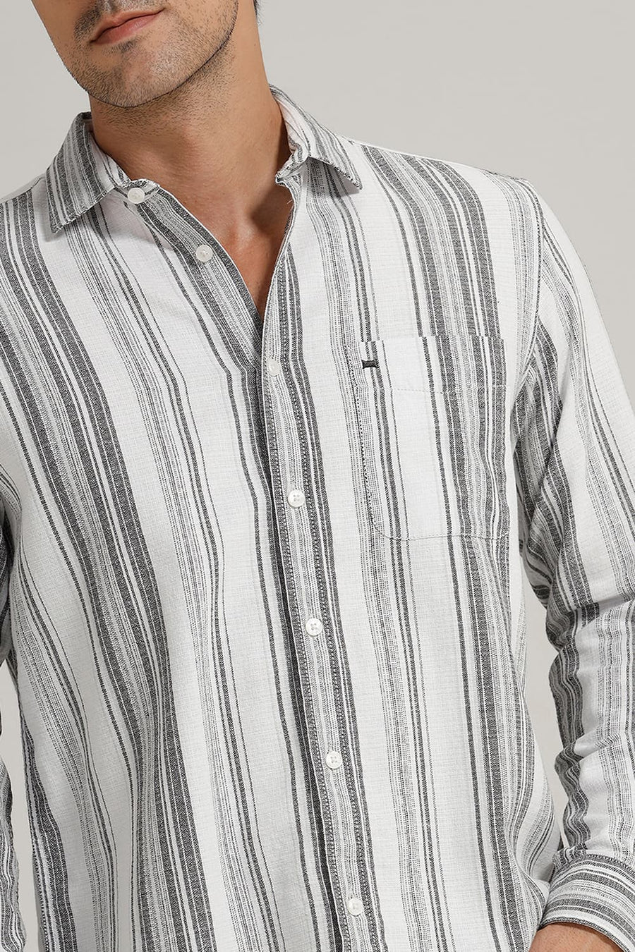 BASICS SLIM FIT PIRATE GREY COTTON HOPSACK STRIPE SHIRT