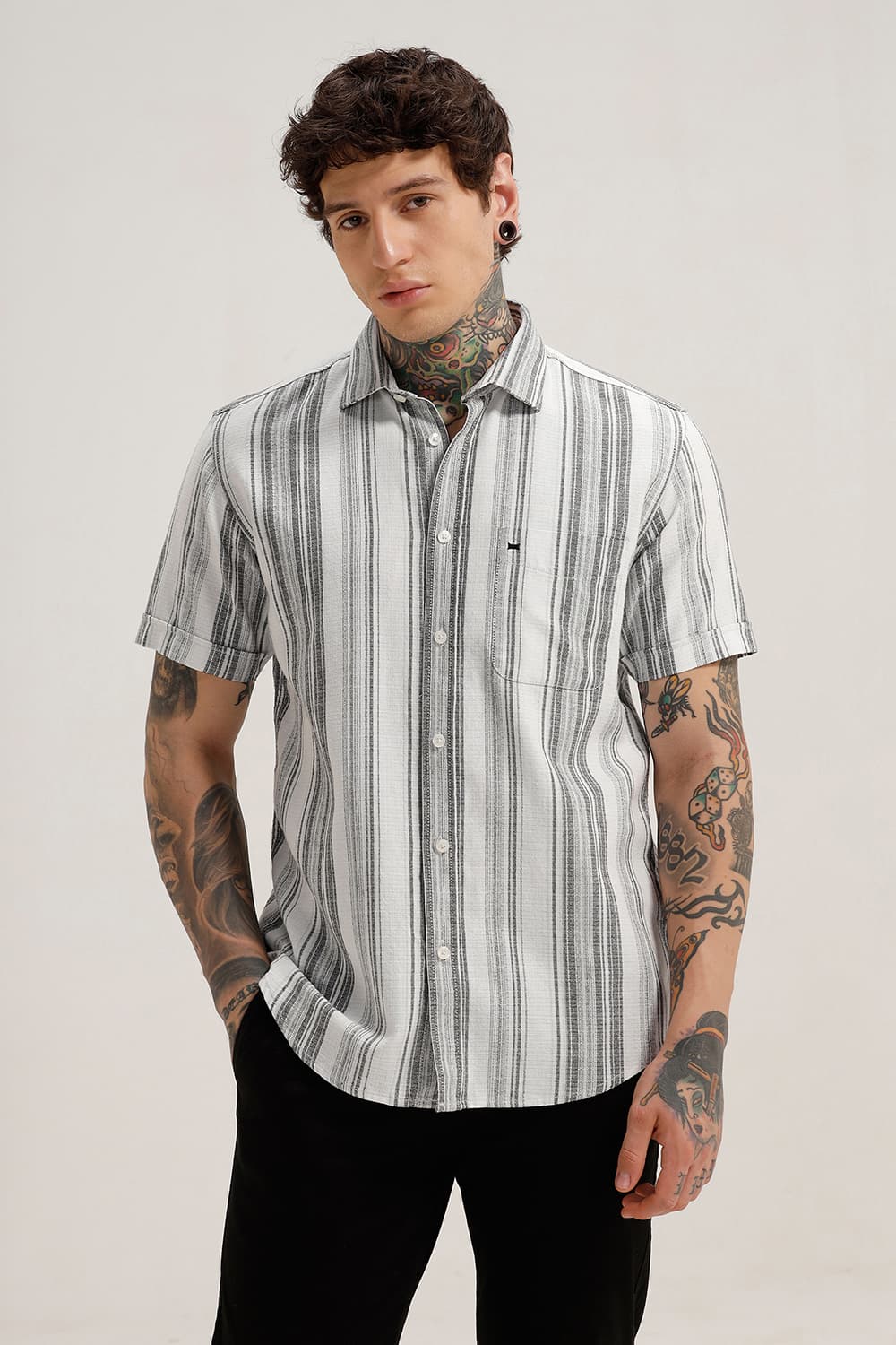 SLIM FIT COTTON HOPSACK STRIPE HALFSLEEVES SHIRT