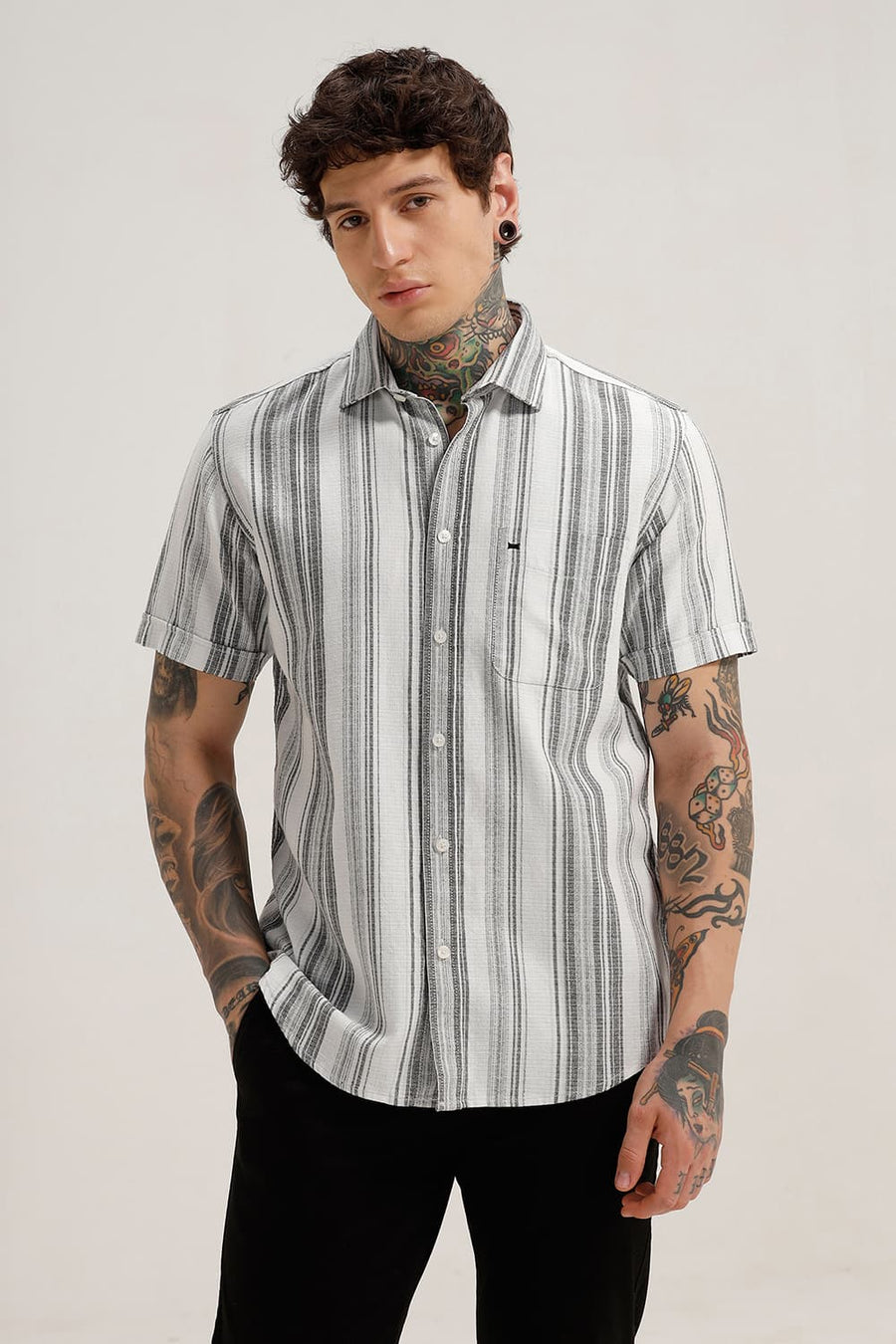 BASICS SLIM FIT PIRATE GREY COTTON HOPSACK STRIPE HALFSLEEVES SHIRT