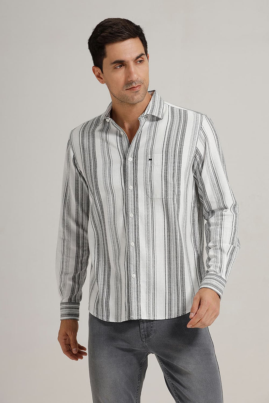 BASICS SLIM FIT PIRATE GREY COTTON HOPSACK STRIPE SHIRT