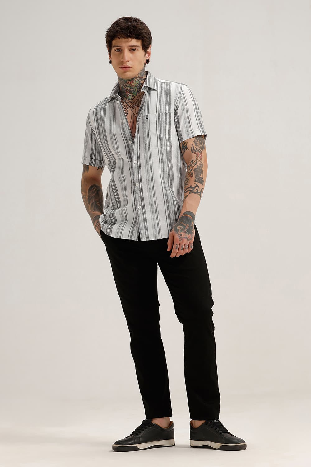 SLIM FIT COTTON HOPSACK STRIPE HALFSLEEVES SHIRT