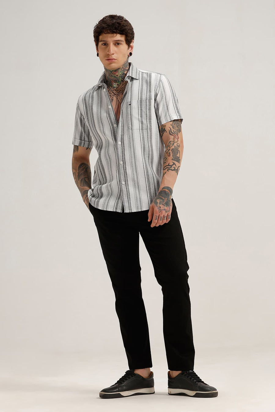 BASICS SLIM FIT PIRATE GREY COTTON HOPSACK STRIPE HALFSLEEVES SHIRT