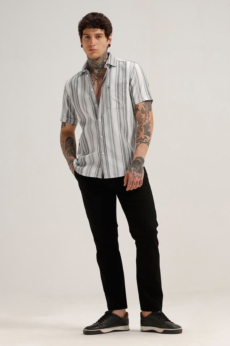 SLIM FIT COTTON HOPSACK STRIPE HALFSLEEVES SHIRT