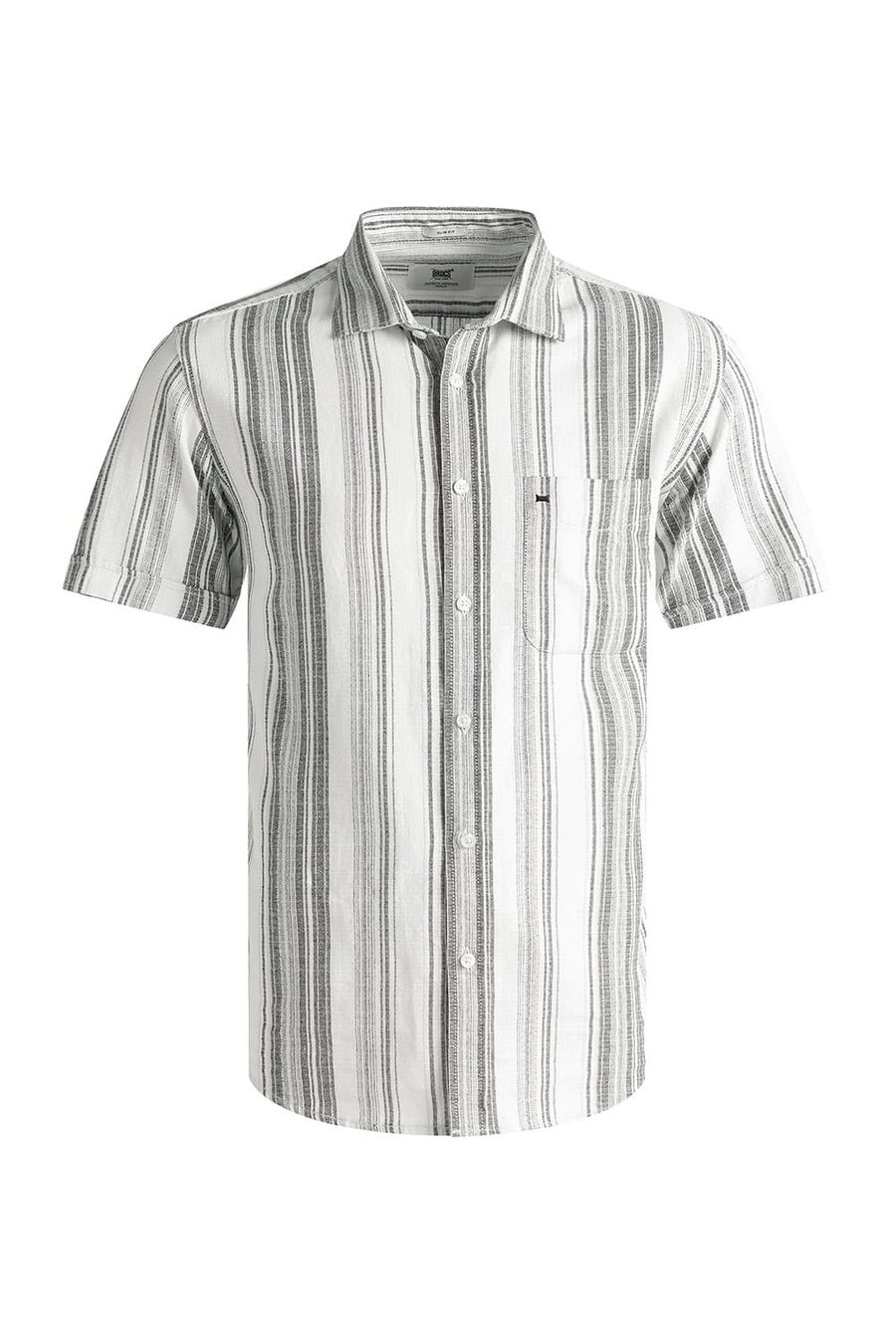 BASICS SLIM FIT PIRATE GREY COTTON HOPSACK STRIPE HALFSLEEVES SHIRT