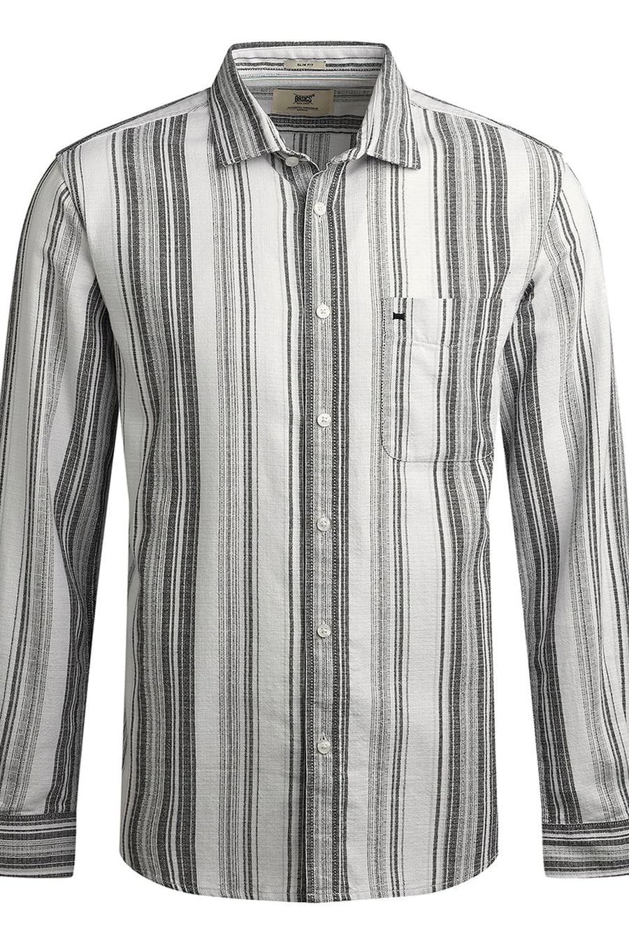 BASICS SLIM FIT PIRATE GREY COTTON HOPSACK STRIPE SHIRT