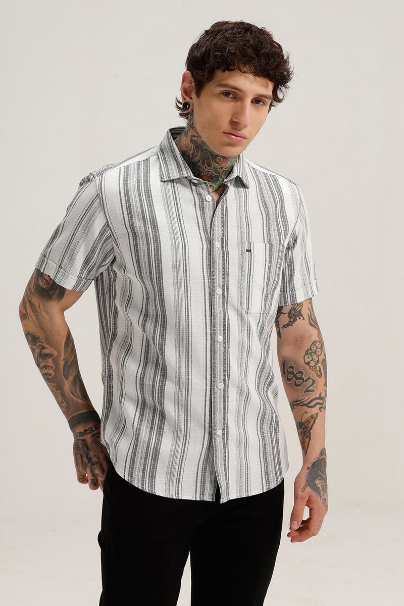 SLIM FIT COTTON HOPSACK STRIPE HALFSLEEVES SHIRT