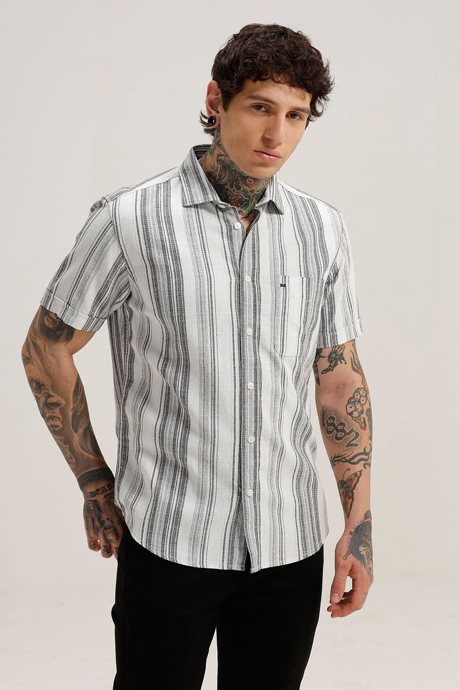 BASICS SLIM FIT PIRATE GREY COTTON HOPSACK STRIPE HALFSLEEVES SHIRT