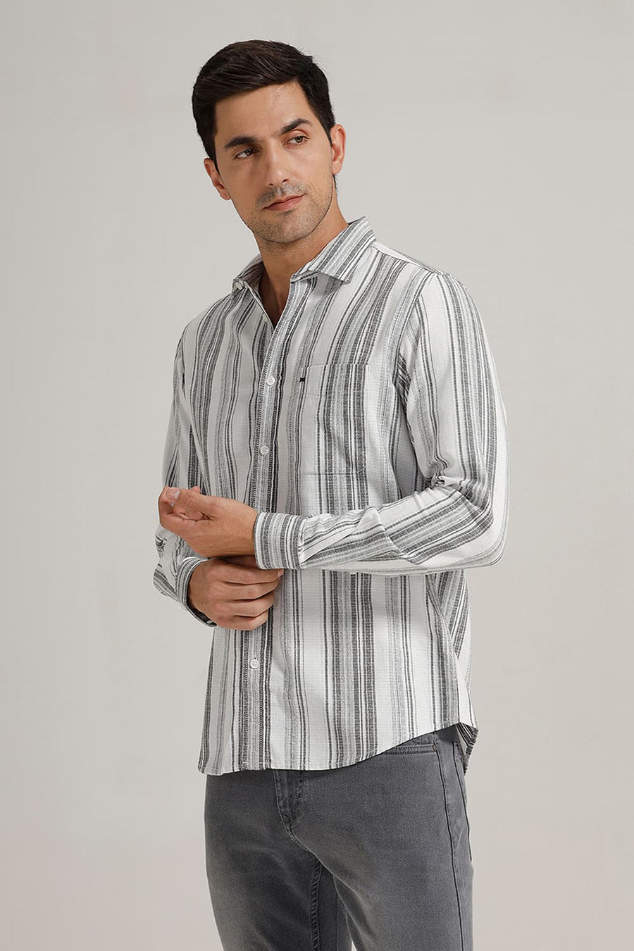 BASICS SLIM FIT PIRATE GREY COTTON HOPSACK STRIPE SHIRT