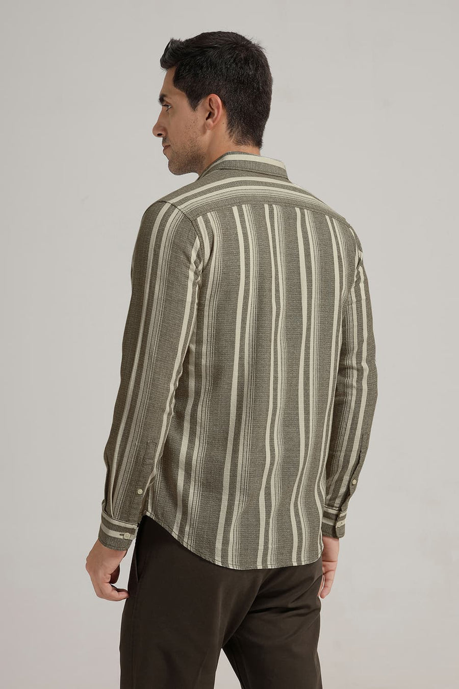 BASICS SLIM FIT OLIVE CAPERS COTTON HOPSACK STRIPE SHIRT