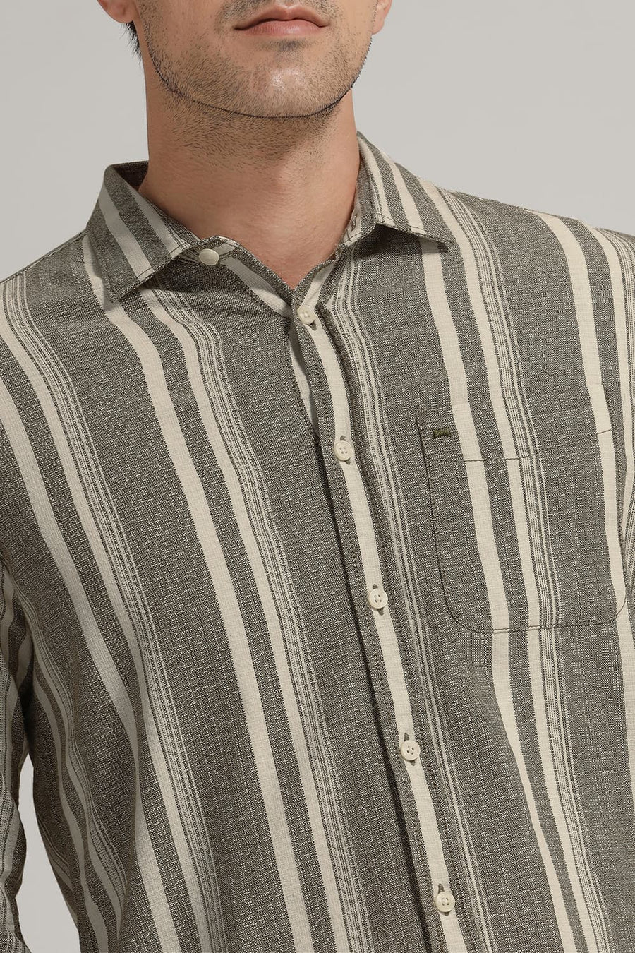 BASICS SLIM FIT OLIVE CAPERS COTTON HOPSACK STRIPE SHIRT