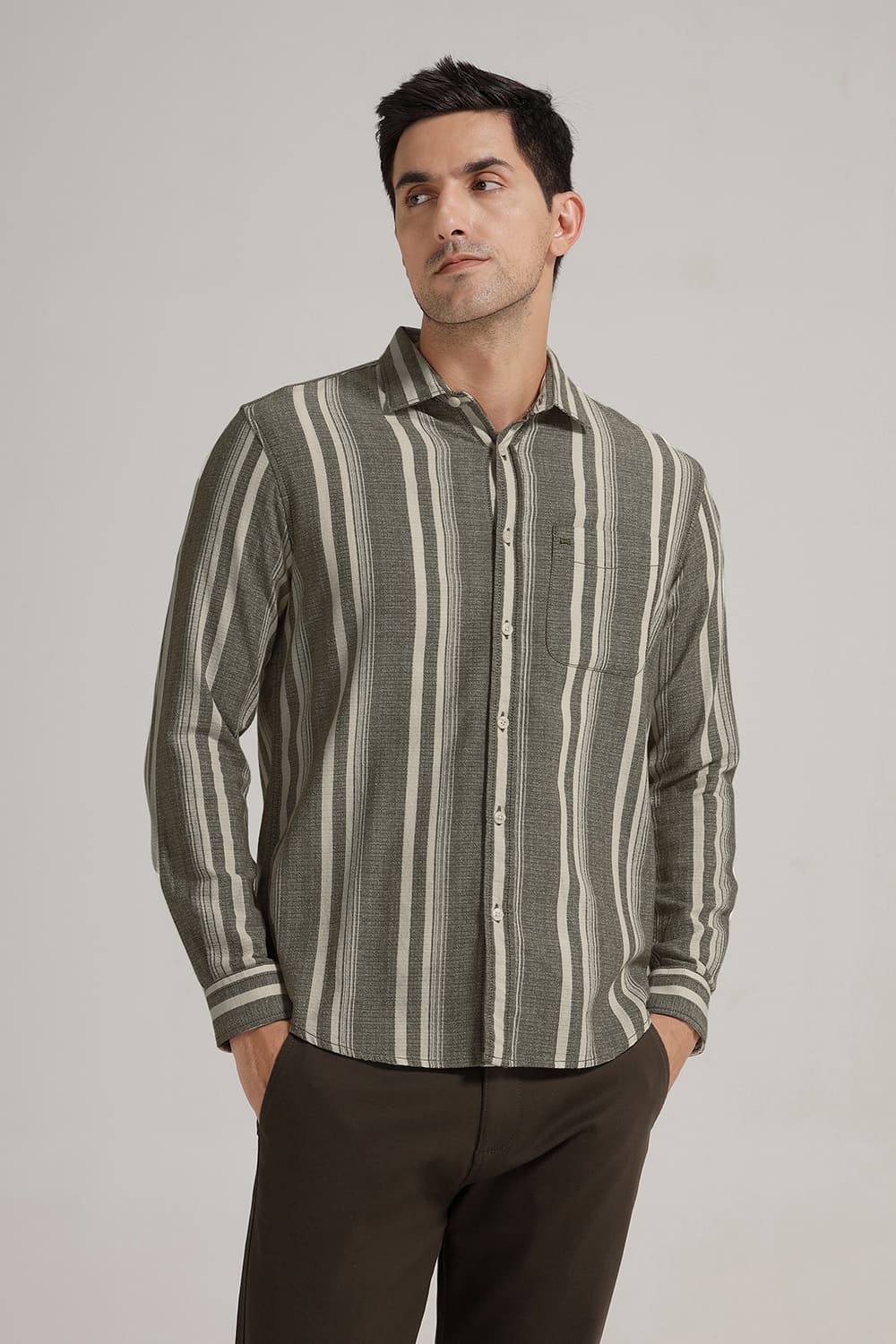 SLIM FIT COTTON HOPSACK STRIPE SHIRT