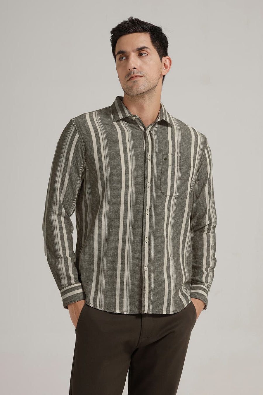 BASICS SLIM FIT OLIVE CAPERS COTTON HOPSACK STRIPE SHIRT