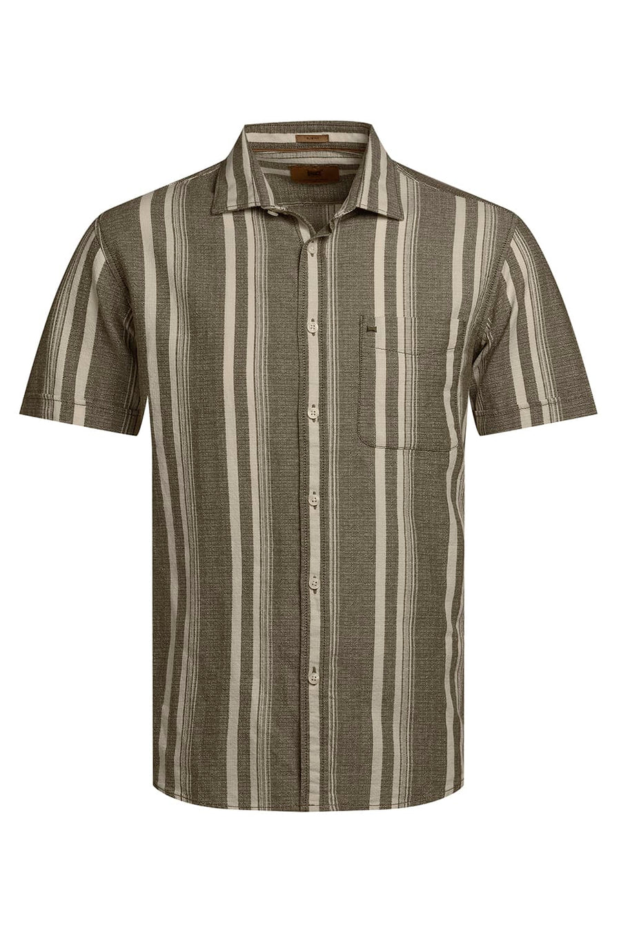BASICS SLIM FIT OLIVE CAPERS COTTON HOPSACK STRIPE HALFSLEEVES SHIRT