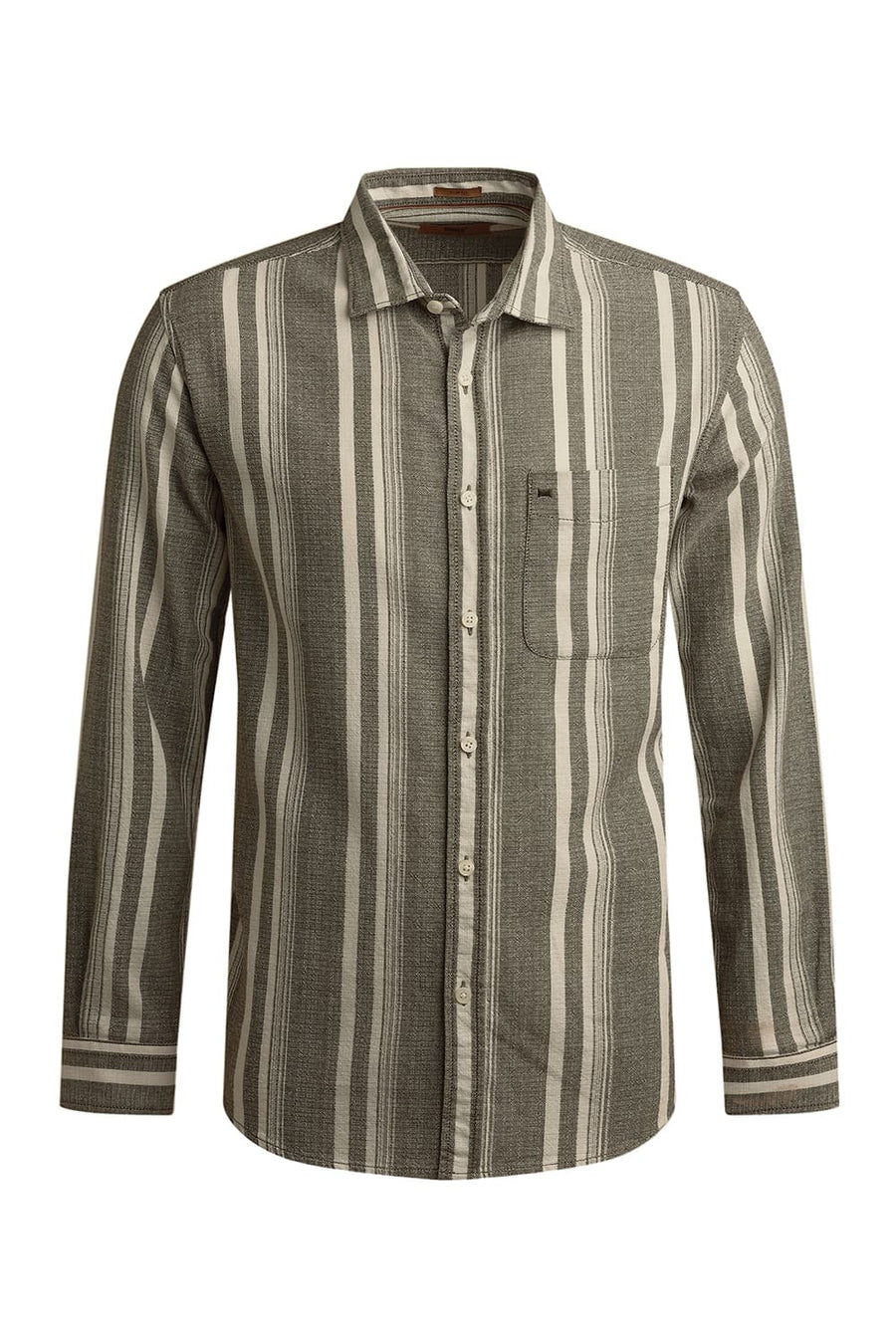 BASICS SLIM FIT OLIVE CAPERS COTTON HOPSACK STRIPE SHIRT