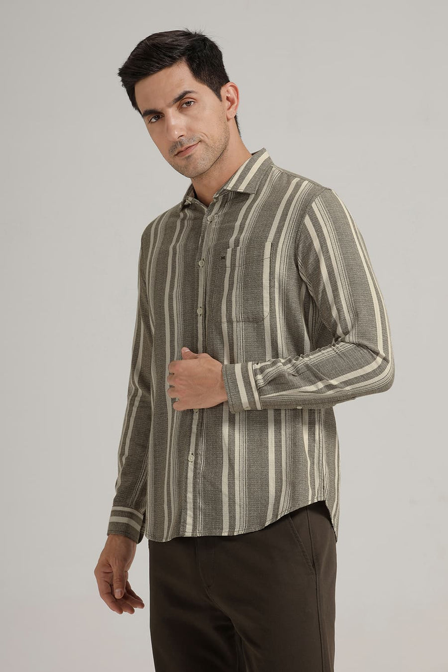 BASICS SLIM FIT OLIVE CAPERS COTTON HOPSACK STRIPE SHIRT