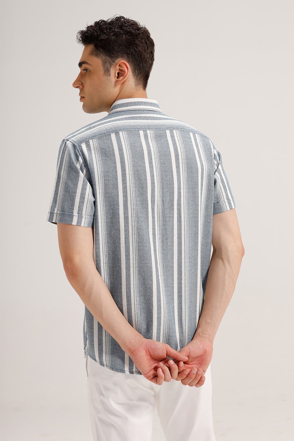 SLIM FIT COTTON HOPSACK STRIPE HALFSLEEVES SHIRT
