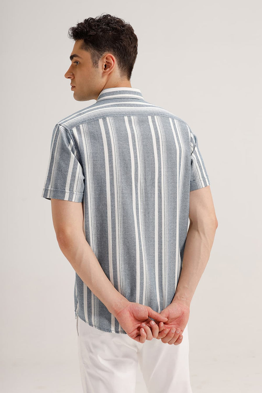 BASICS SLIM FIT SAILOR BLUE COTTON HOPSACK STRIPE HALFSLEEVES SHIRT