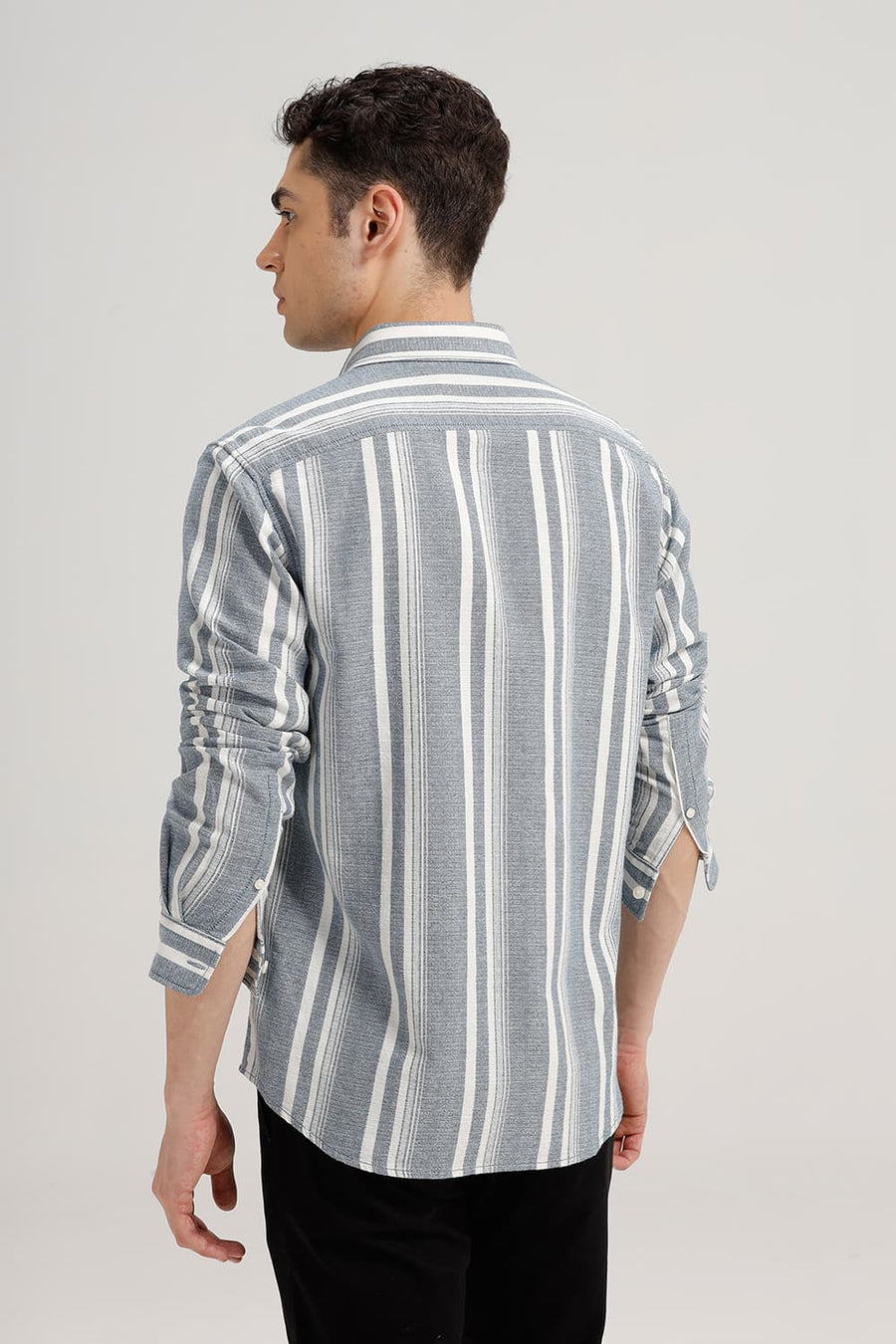 BASICS SLIM FIT SAILOR BLUE COTTON HOPSACK STRIPE SHIRT