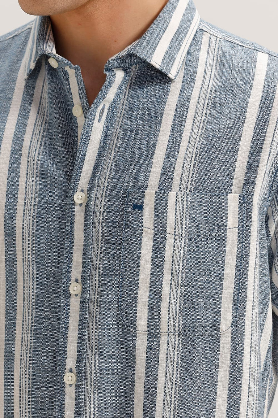 BASICS SLIM FIT SAILOR BLUE COTTON HOPSACK STRIPE HALFSLEEVES SHIRT