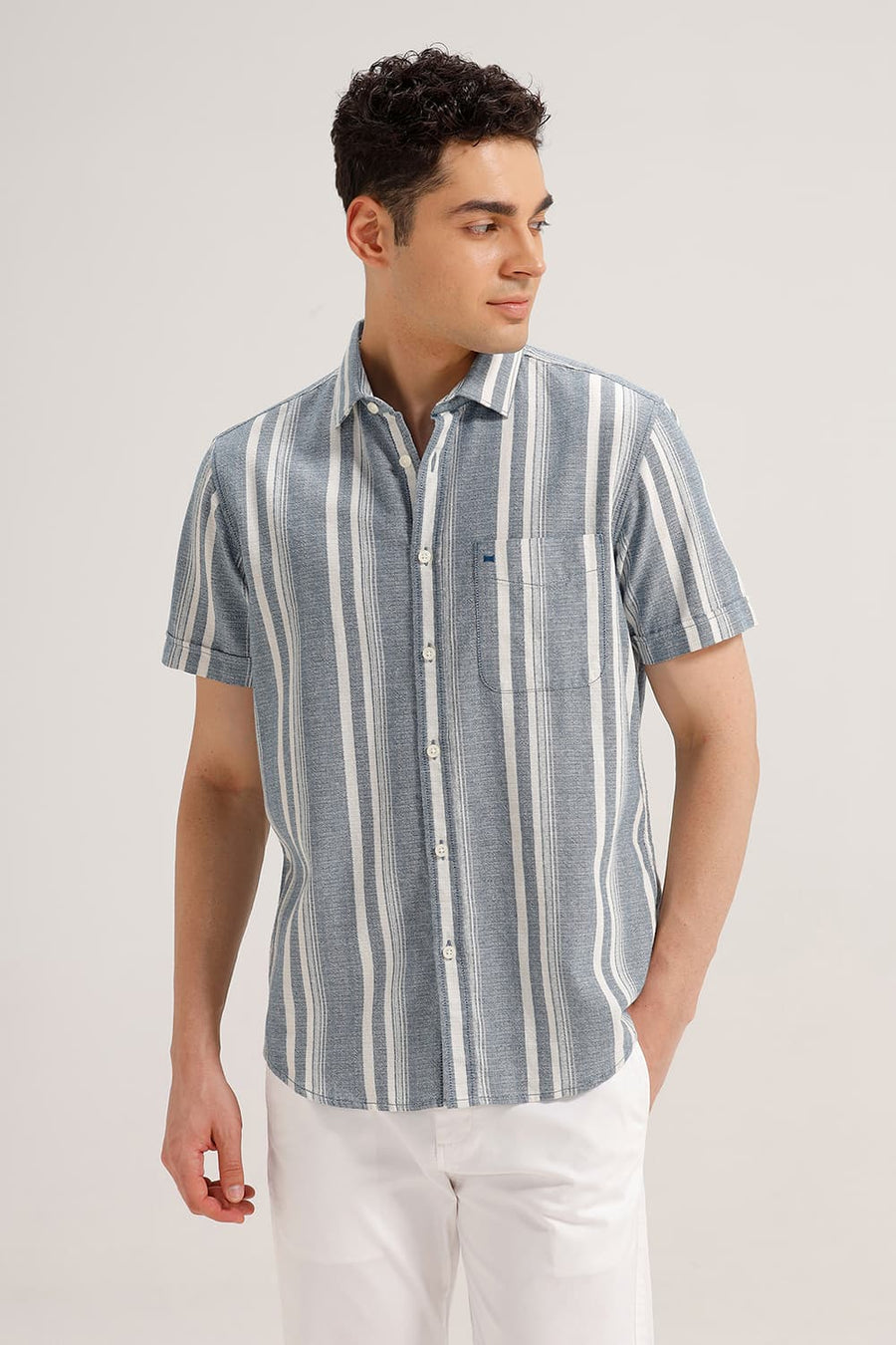 BASICS SLIM FIT SAILOR BLUE COTTON HOPSACK STRIPE HALFSLEEVES SHIRT