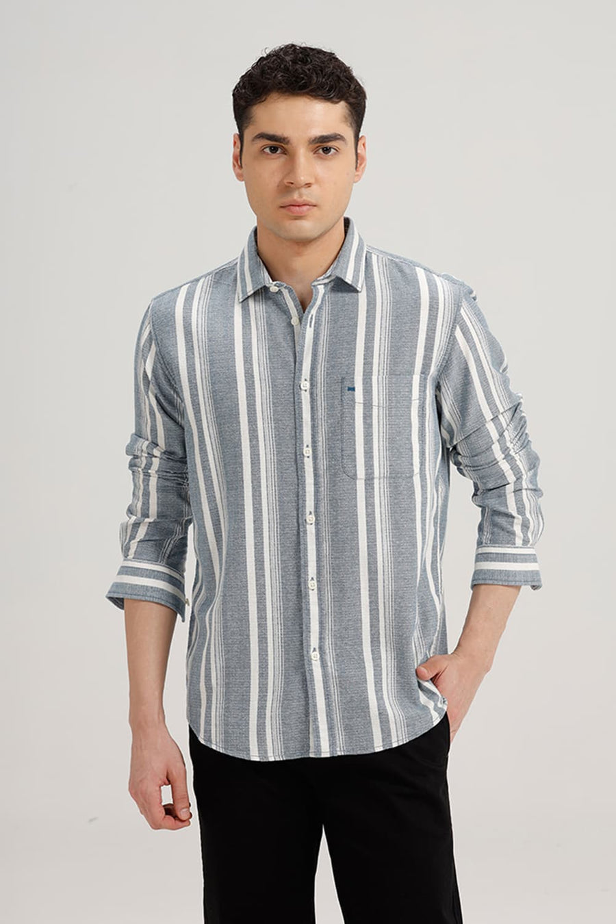BASICS SLIM FIT SAILOR BLUE COTTON HOPSACK STRIPE SHIRT