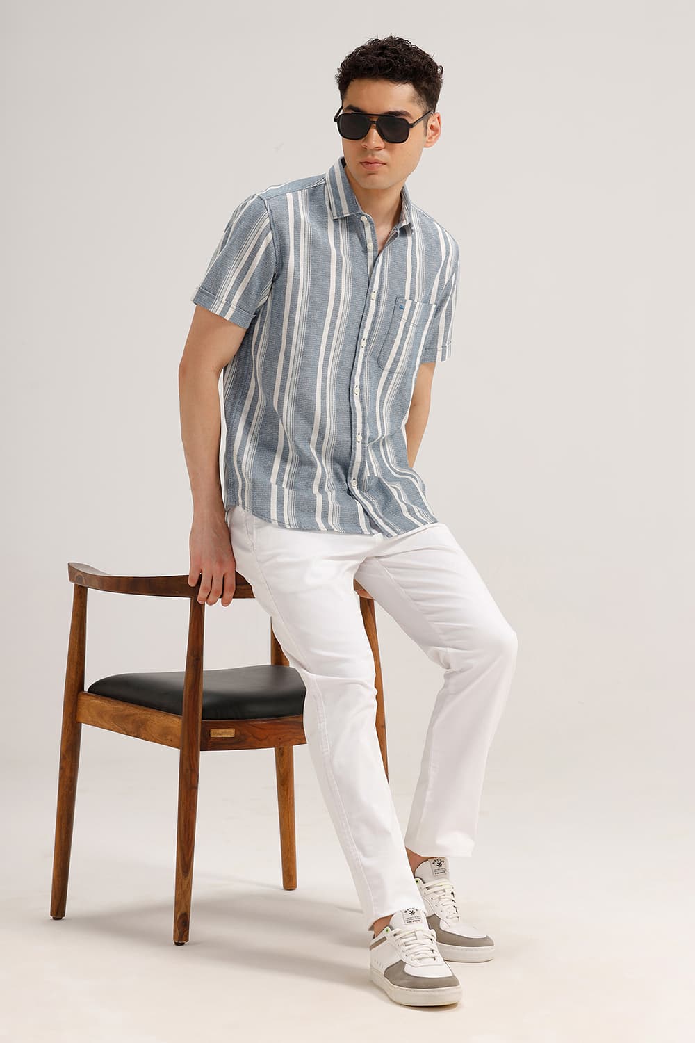 SLIM FIT COTTON HOPSACK STRIPE HALFSLEEVES SHIRT